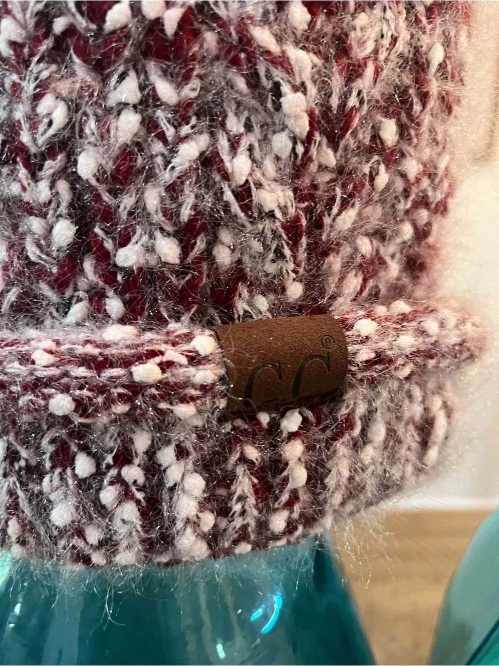 Maroon and White Knit Pom Beanie